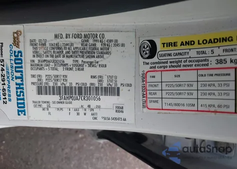 2012 Ford Fusion Sel из США, поврежденный, VIN 3FAHP0JA7CR301056